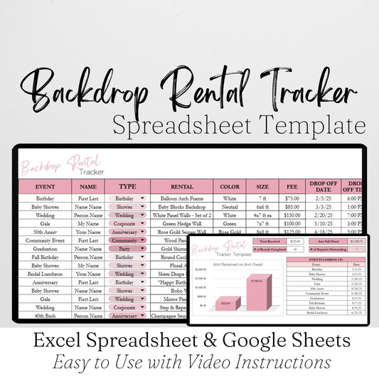 Backdrop Rental Tracker for Party Business Google Sheets and Excel Spreadsheet