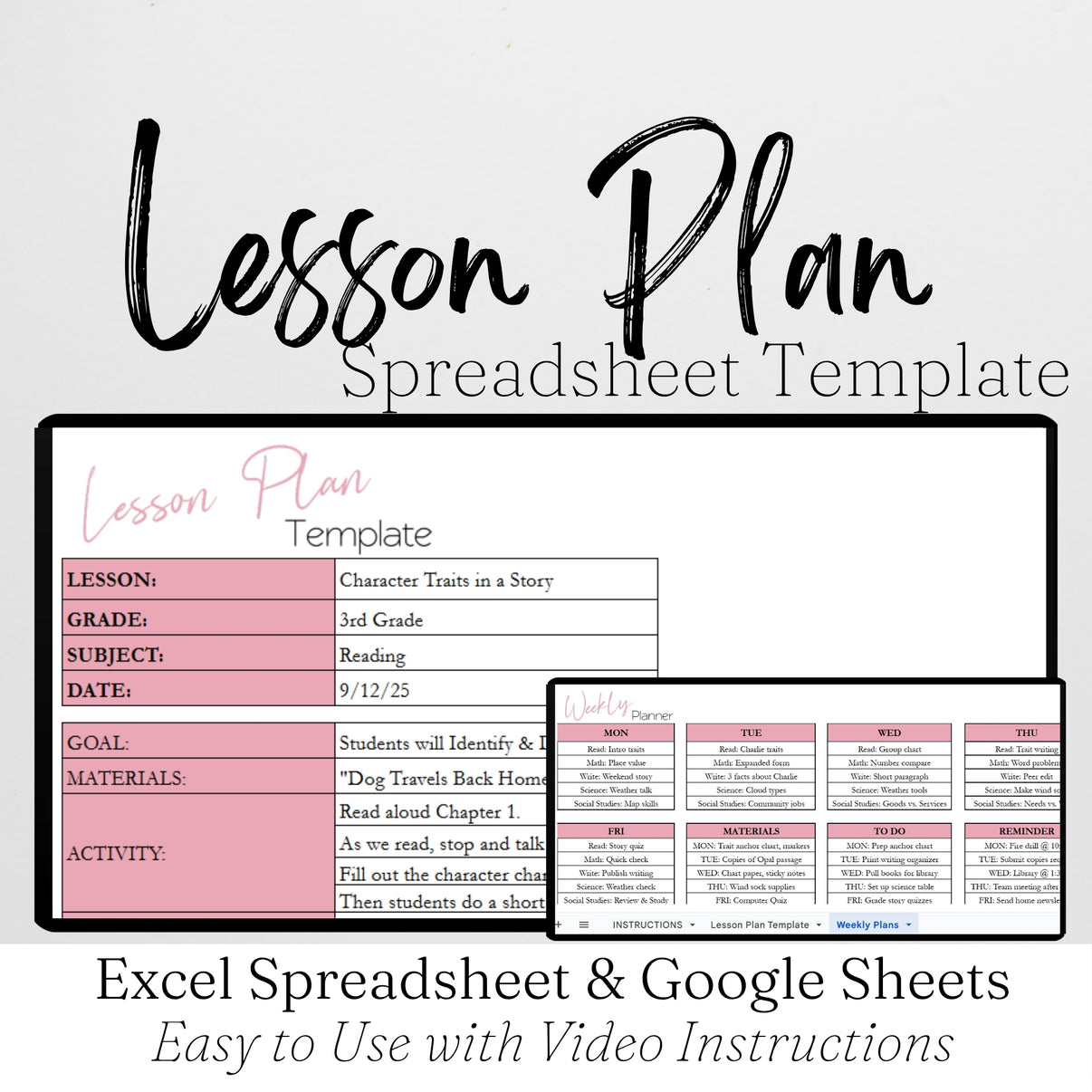 Lesson Plan Template Google Sheets and Excel Spreadsheet for Teacher O ...