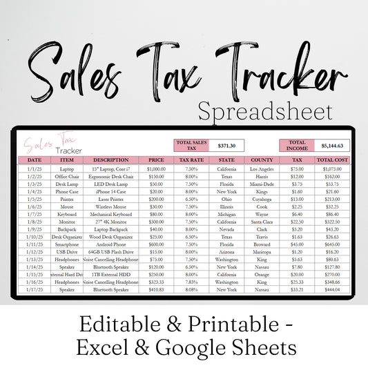 Sales Tax Tracker Excel Spreadsheet and Google Sheet