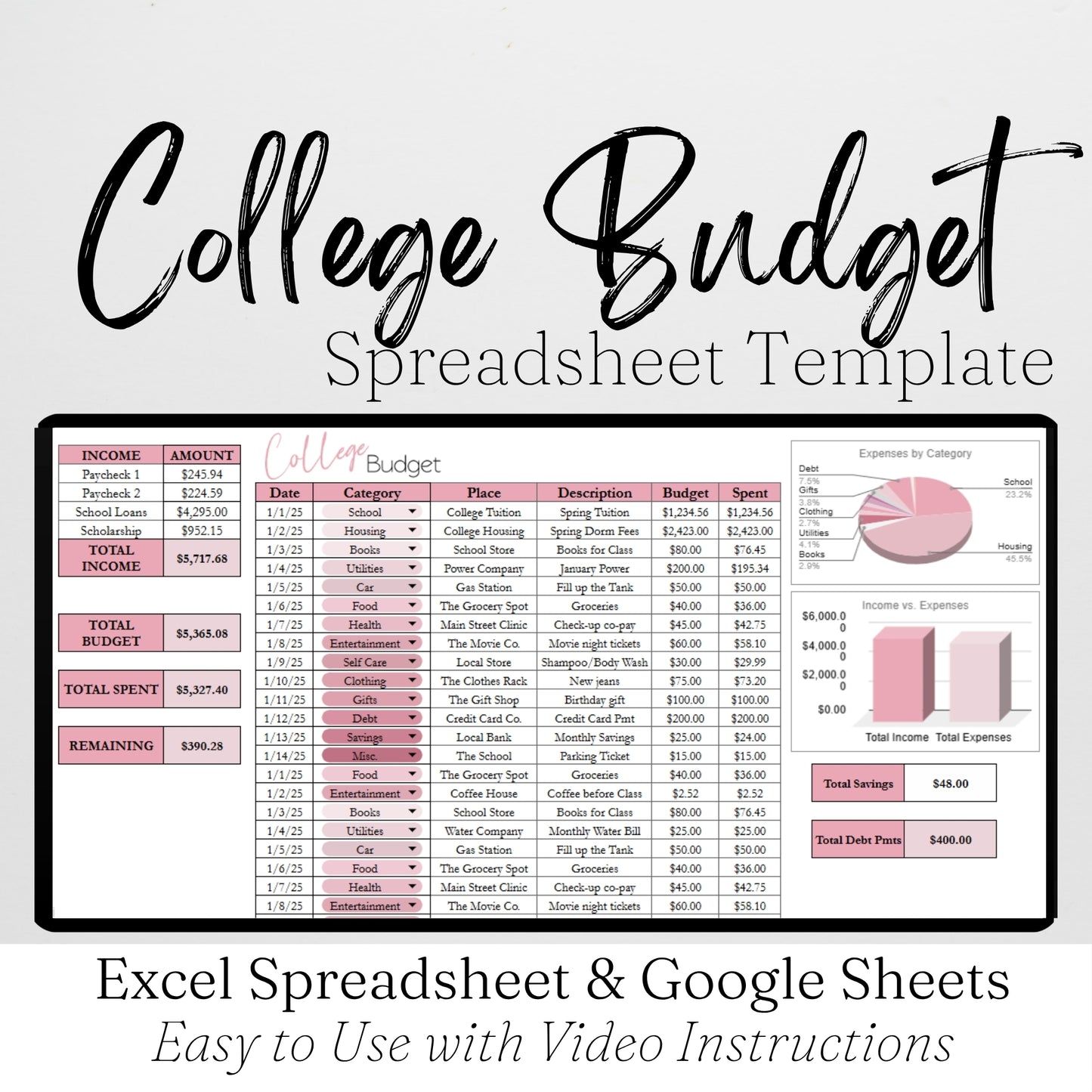 College Budget Template for Google Sheets and Excel Spreadsheet