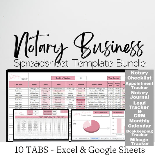 Notary Bookkeeping Template Google Sheets and Excel Spreadsheet