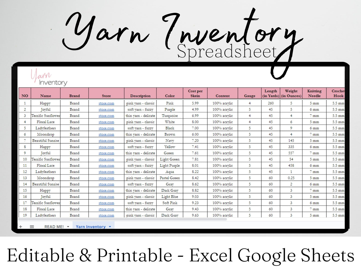 Yarn Inventory Tracker Google Sheets and Excel Spreadsheet