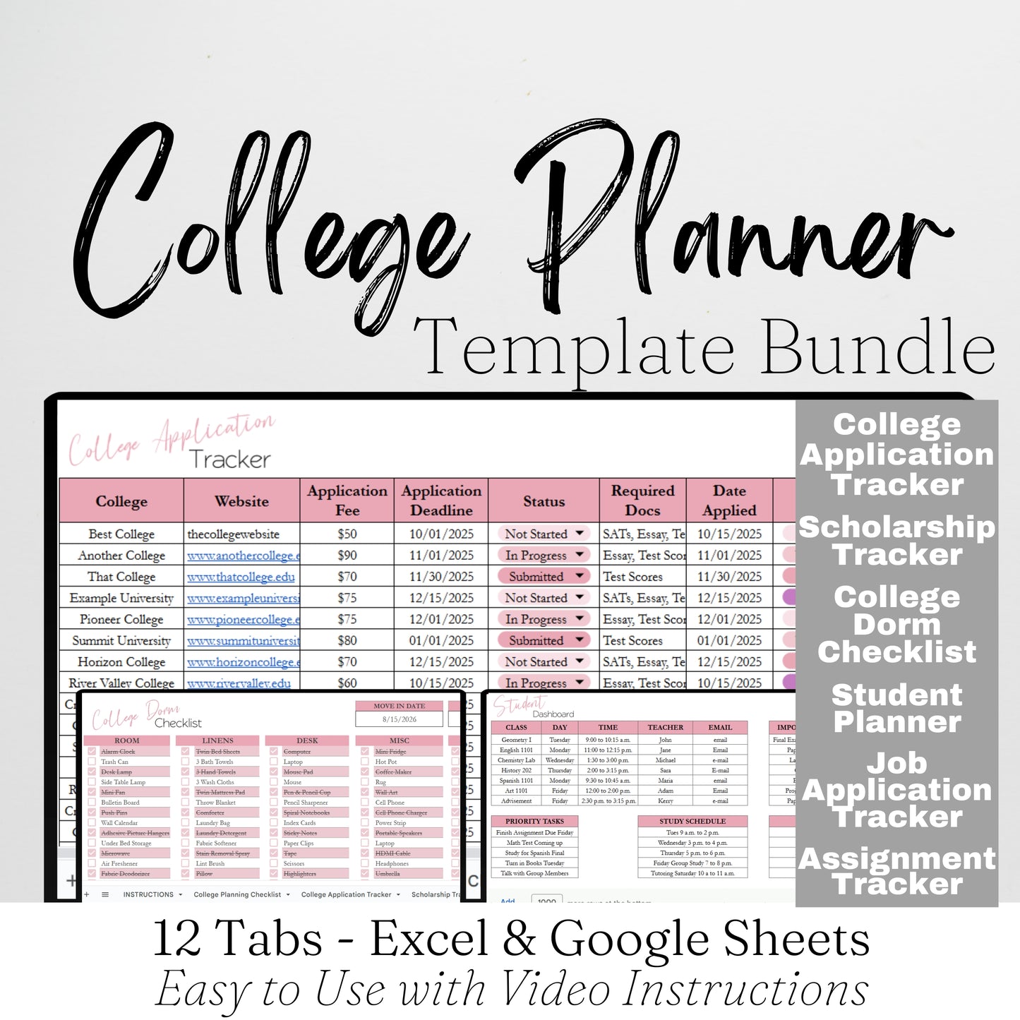College Planner Template for Google Sheets and Excel Spreadsheet