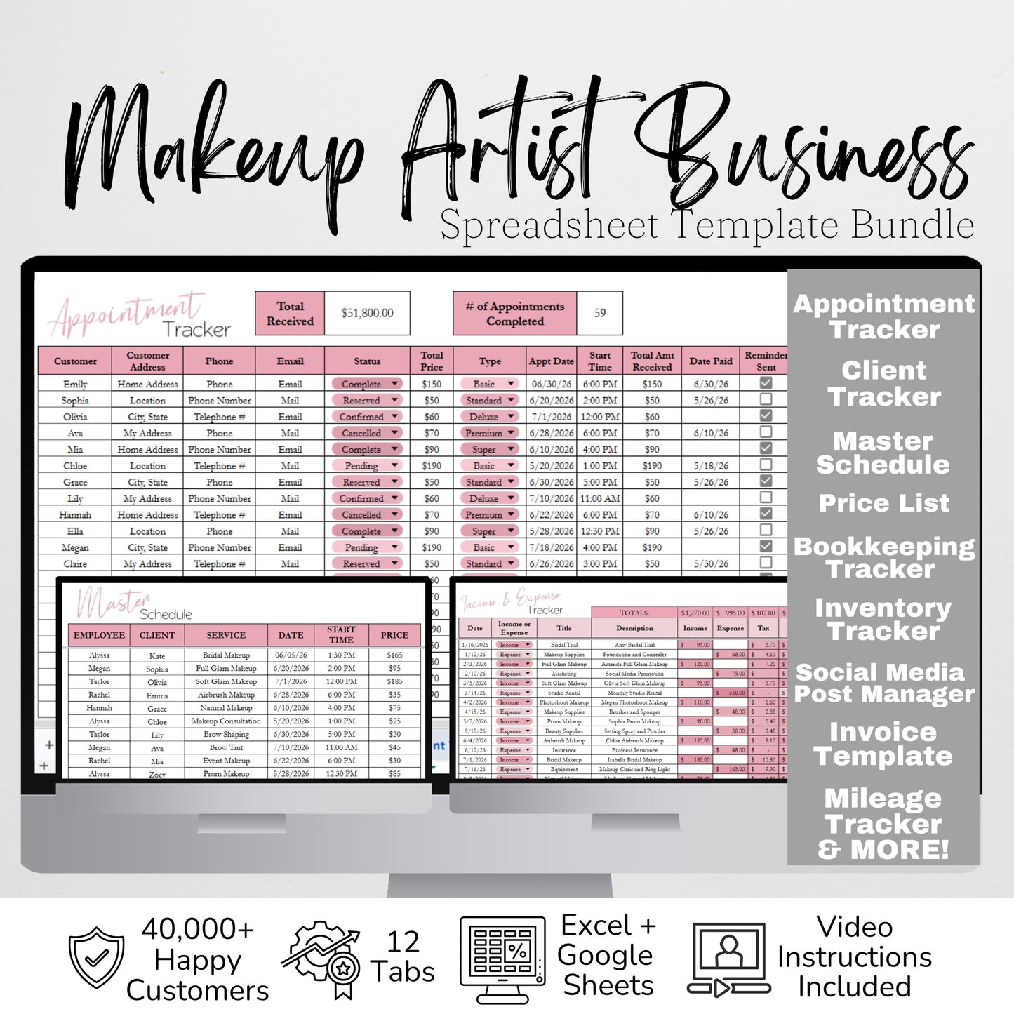 Makeup Artist Business Bundle Google Sheet and Excel Spreadsheet Template | Client Tracker, Appointment Planner, Income Tracker & Business Spreadsheet for Makeup Artists