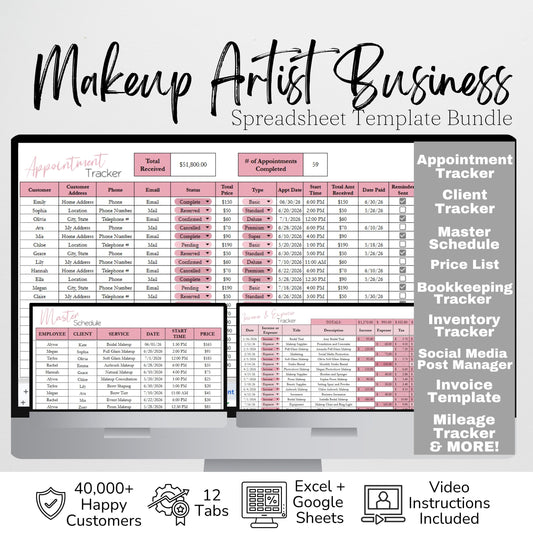 Makeup Artist Business Bundle Google Sheet and Excel Spreadsheet Template | Client Tracker, Appointment Planner, Income Tracker & Business Spreadsheet for Makeup Artists