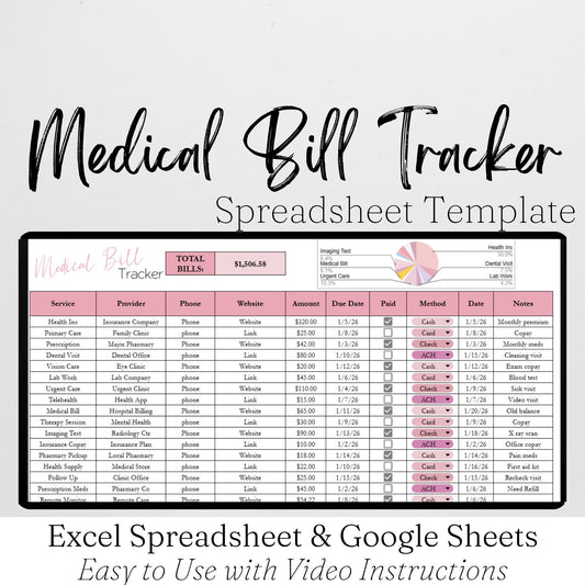 Medical Bill Tracker & Expense Log | Healthcare Payment Organizer Template for Google Sheets & Excel