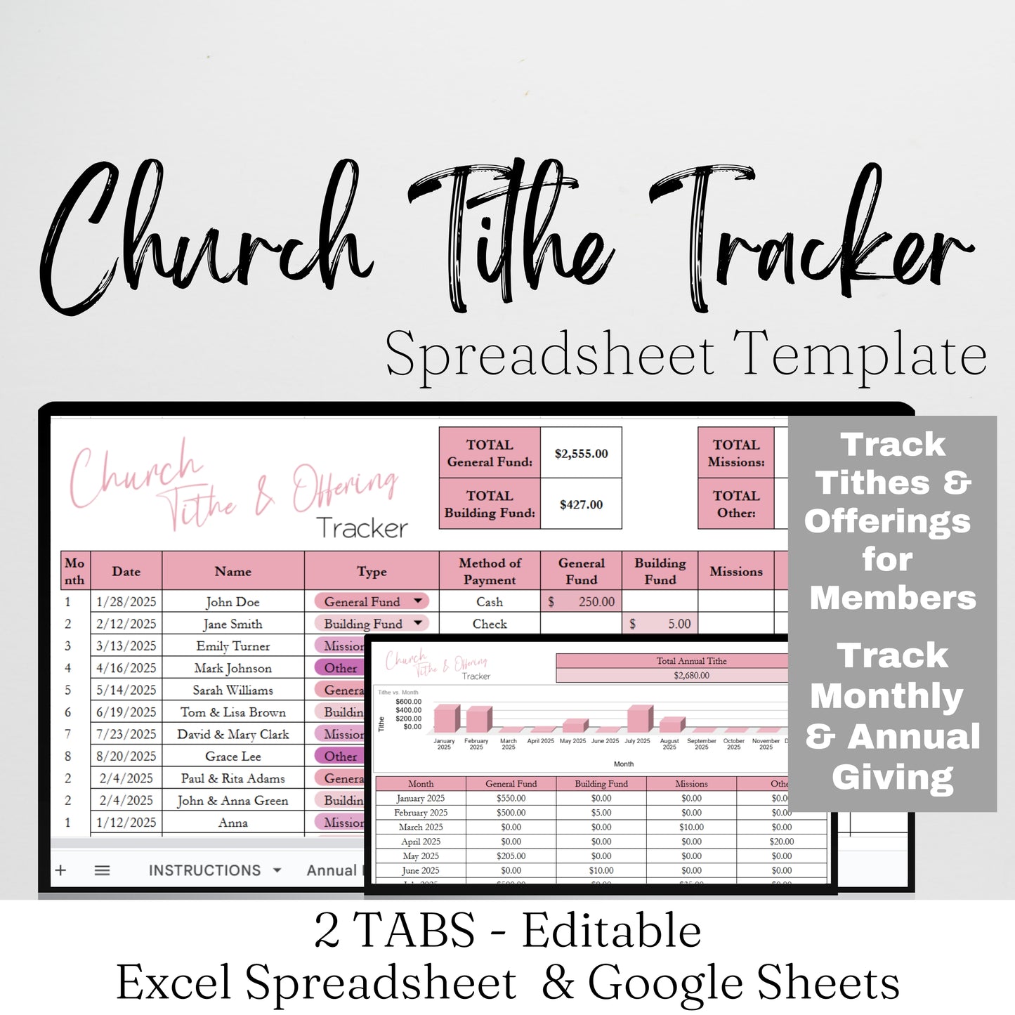 Church Tithing Template Excel Spreadsheet and Google Sheets