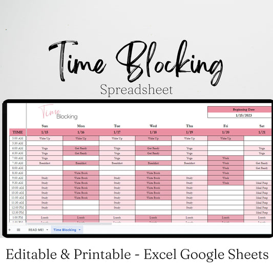 Time Blocking Google Sheet and Excel Spreadsheet