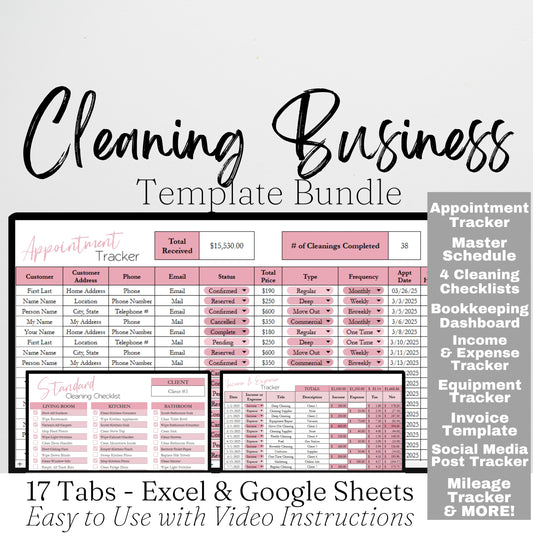Cleaning Business Planner Template Bundle Google Sheet and Excel Spreadsheet