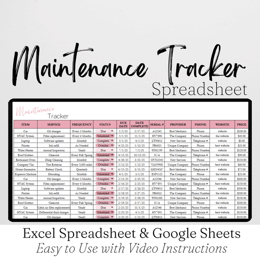 Maintenance Tracker Template for Google Sheets and Excel Spreadsheet