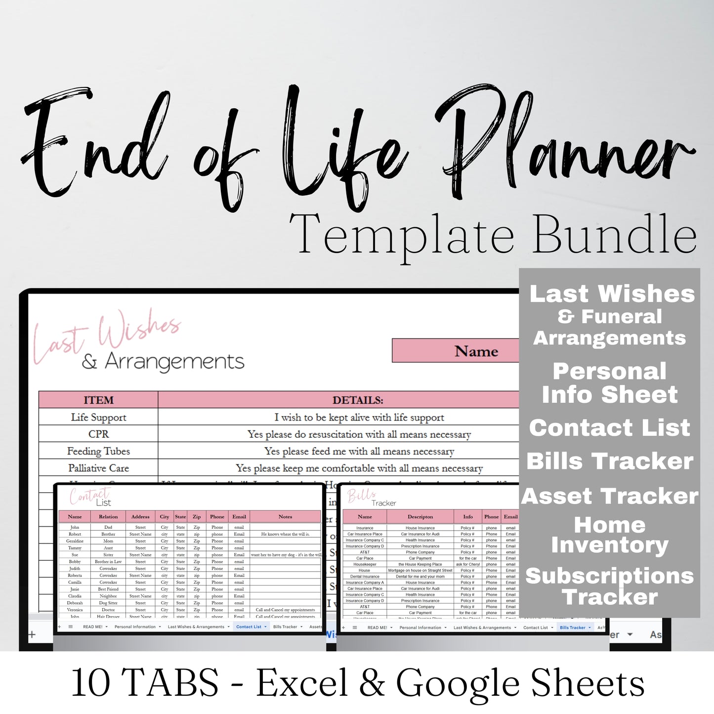 End of Life Planner Google Sheet Template, Death Planner