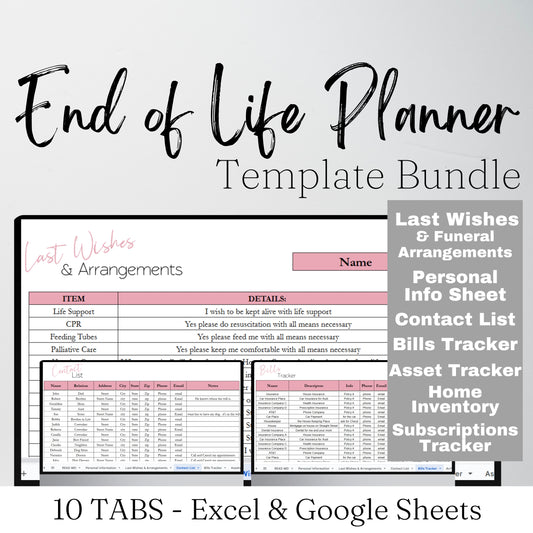End of Life Planner Google Sheet Template, Death Planner