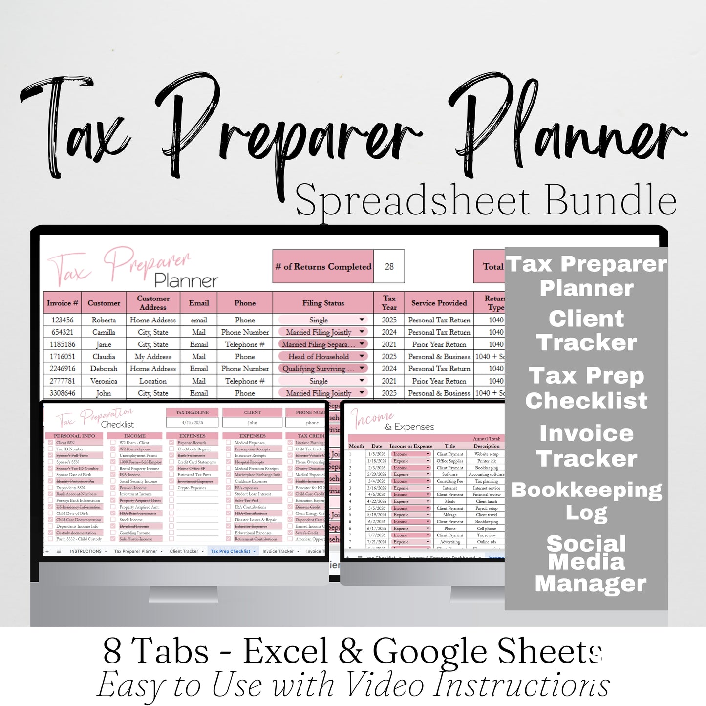 Tax Preparer Planner Template Bundle Google Sheet and Excel Spreadsheet - for EA, CPA, Tax Accountant Business Owners