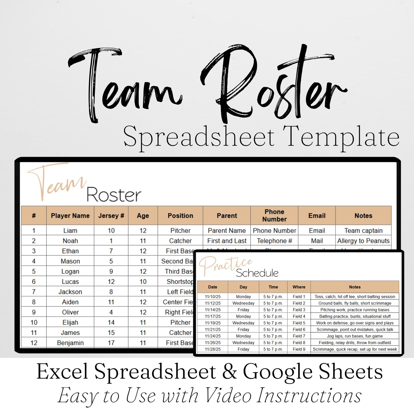 Team Roster Template Google Sheets and Excel Spreadsheet