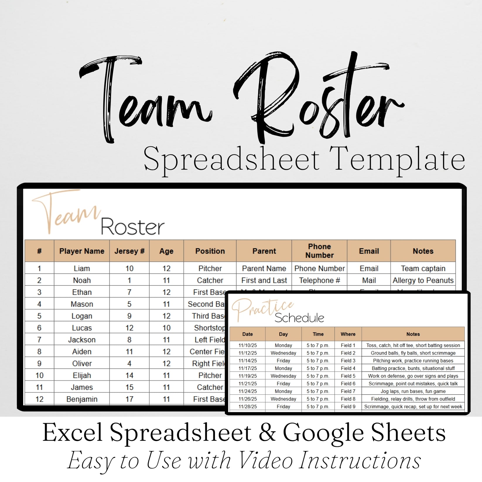 Team Roster Template Google Sheets and Excel Spreadsheet – Savvy and ...