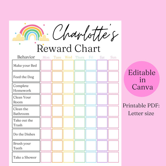 Reward Chart for Kids Printable Template in Canva, Editable Template