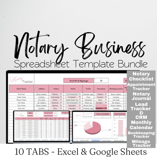 Notary Business Template Spreadsheet Bundle, Templates for Mobile Notary Public and Loan Signing Agent