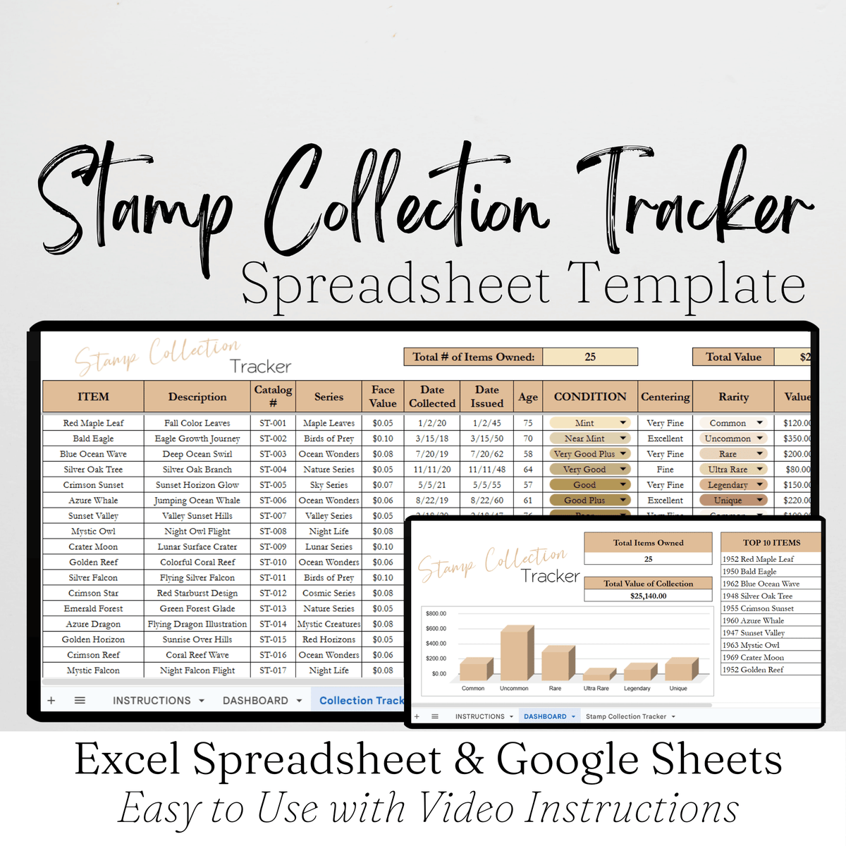 Stamp Collection Tracker Excel Spreadsheet and Google Sheets Template ...