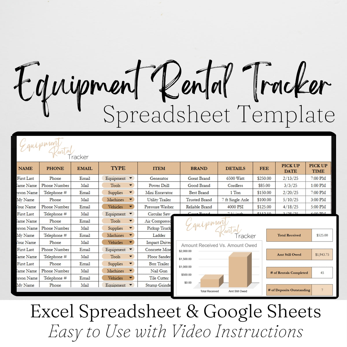 Equipment Rental Tracker Template Google Sheets and Excel Spreadsheet ...