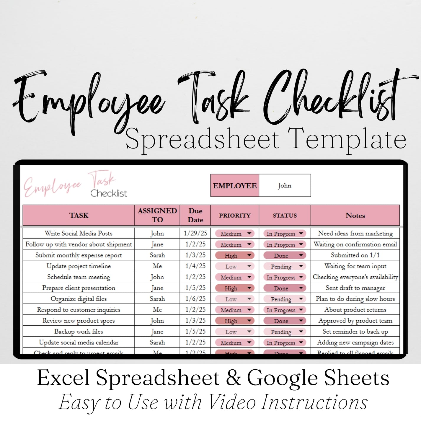 Employee Task Checklist Template for Google Sheets and Excel Spreadshe ...