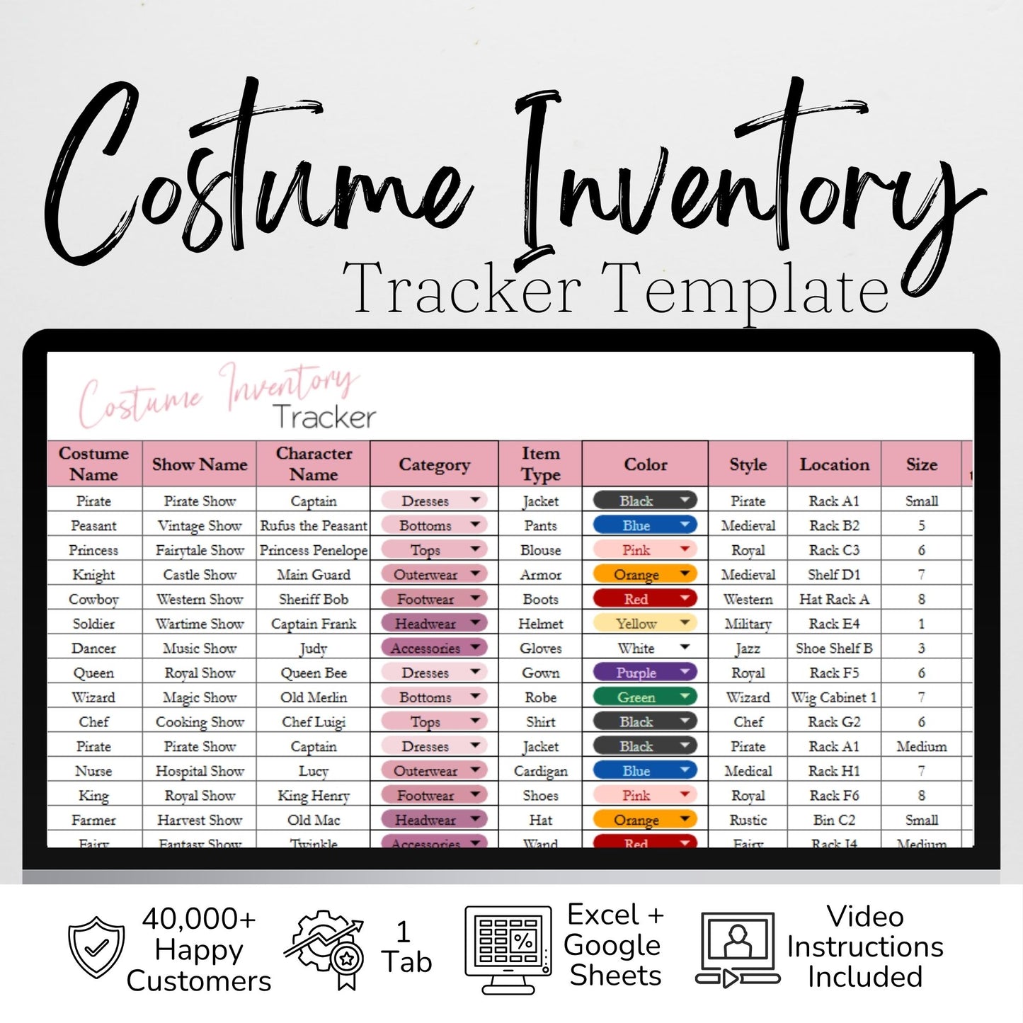 Costume Inventory Tracker Template for Theatre, Cosplay & Halloween | Prop & Rental Log for Google Sheets & Excel