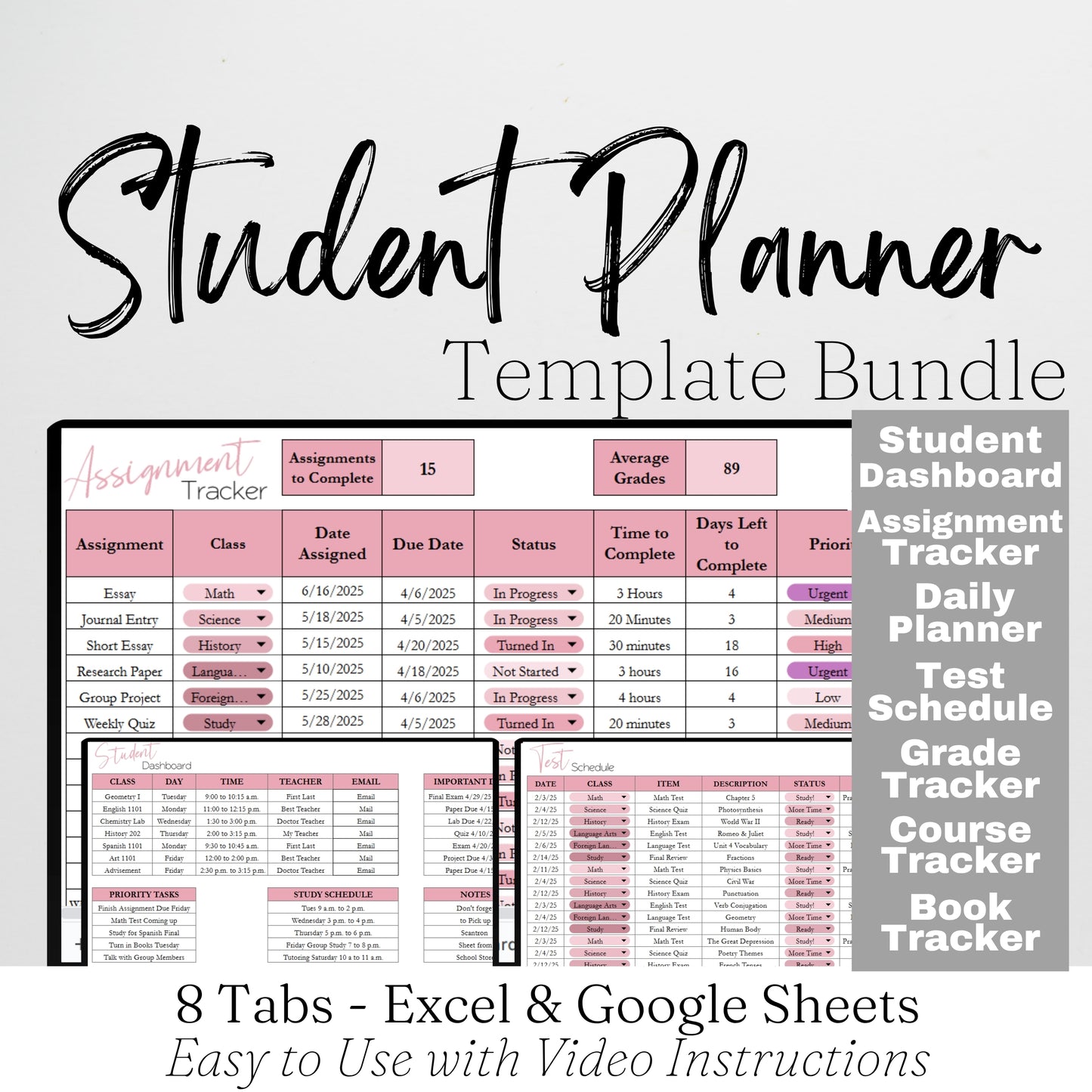 Student Planner Template Google Sheets and Excel Spreadsheet