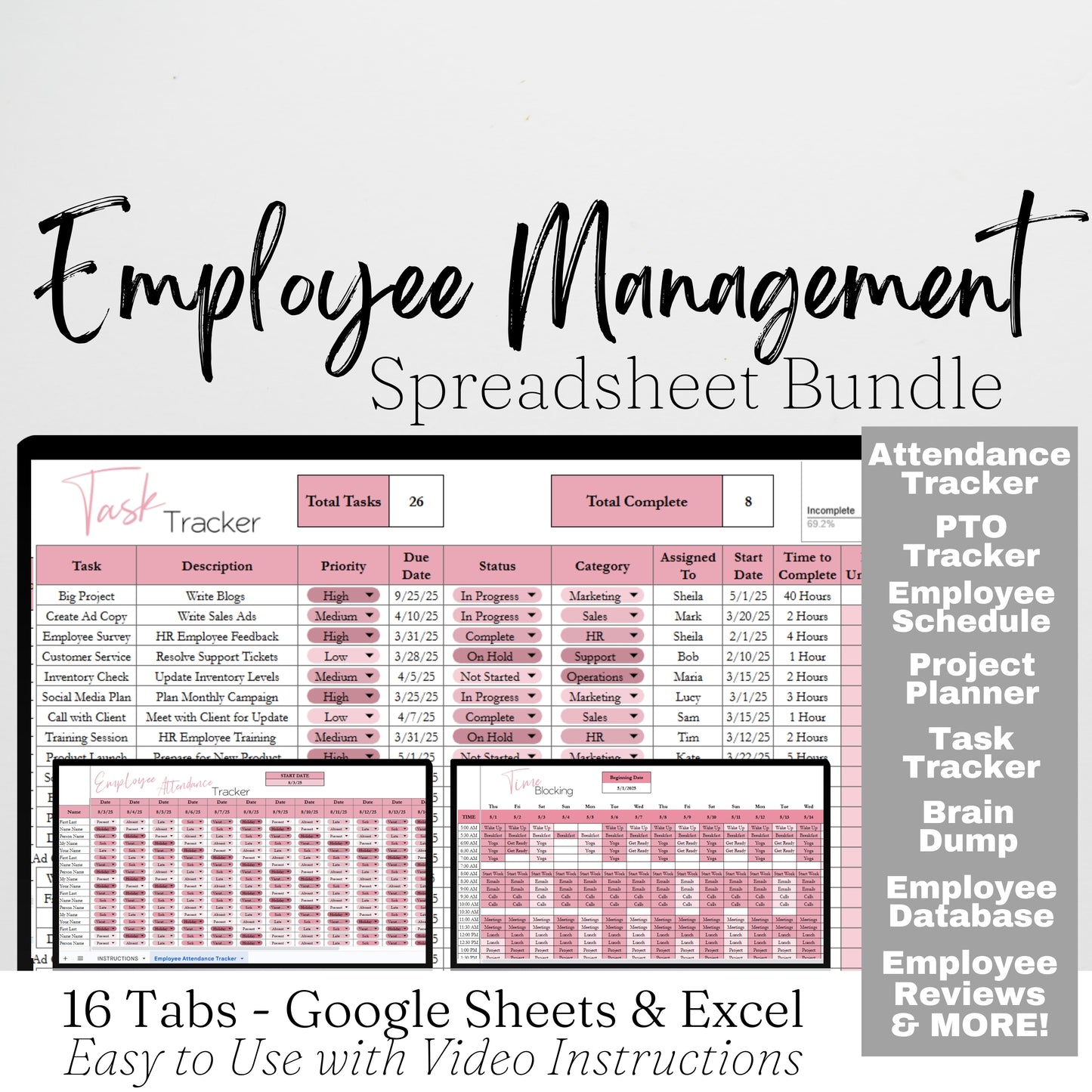 Employee Management Template Planner for Small Business Google Sheet and Excel Spreadsheet Bundle