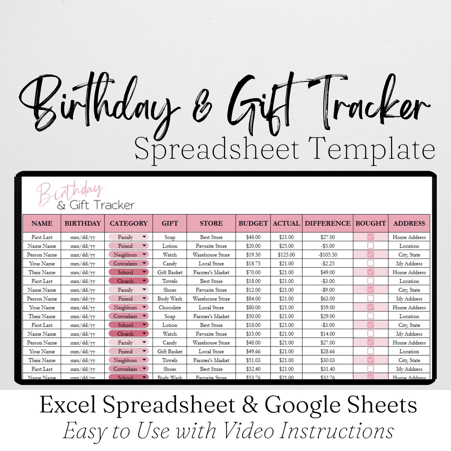 Birthday Tracker and Gift Tracker Google Sheet and Excel Spreadsheet