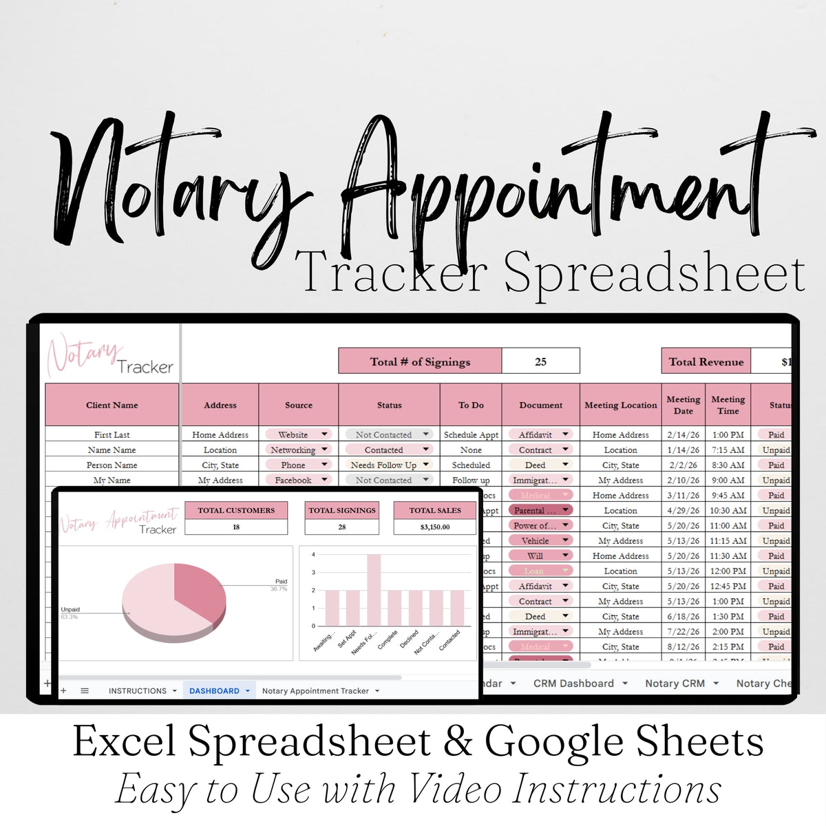 Notary Appointment Tracker Template for Google Sheets and Excel Spread ...