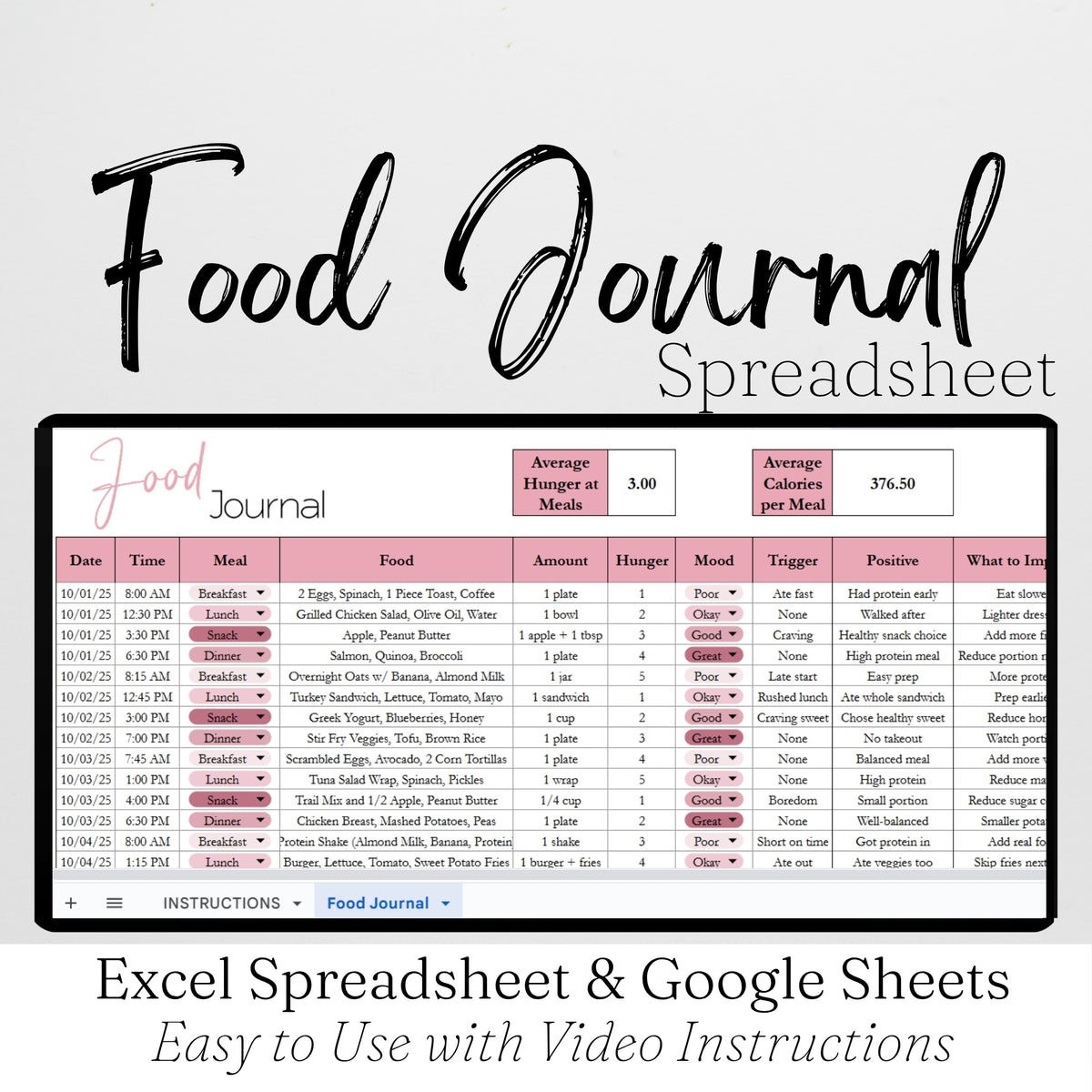 Food Journal Template Google Sheets and Excel Spreadsheet – Savvy and ...