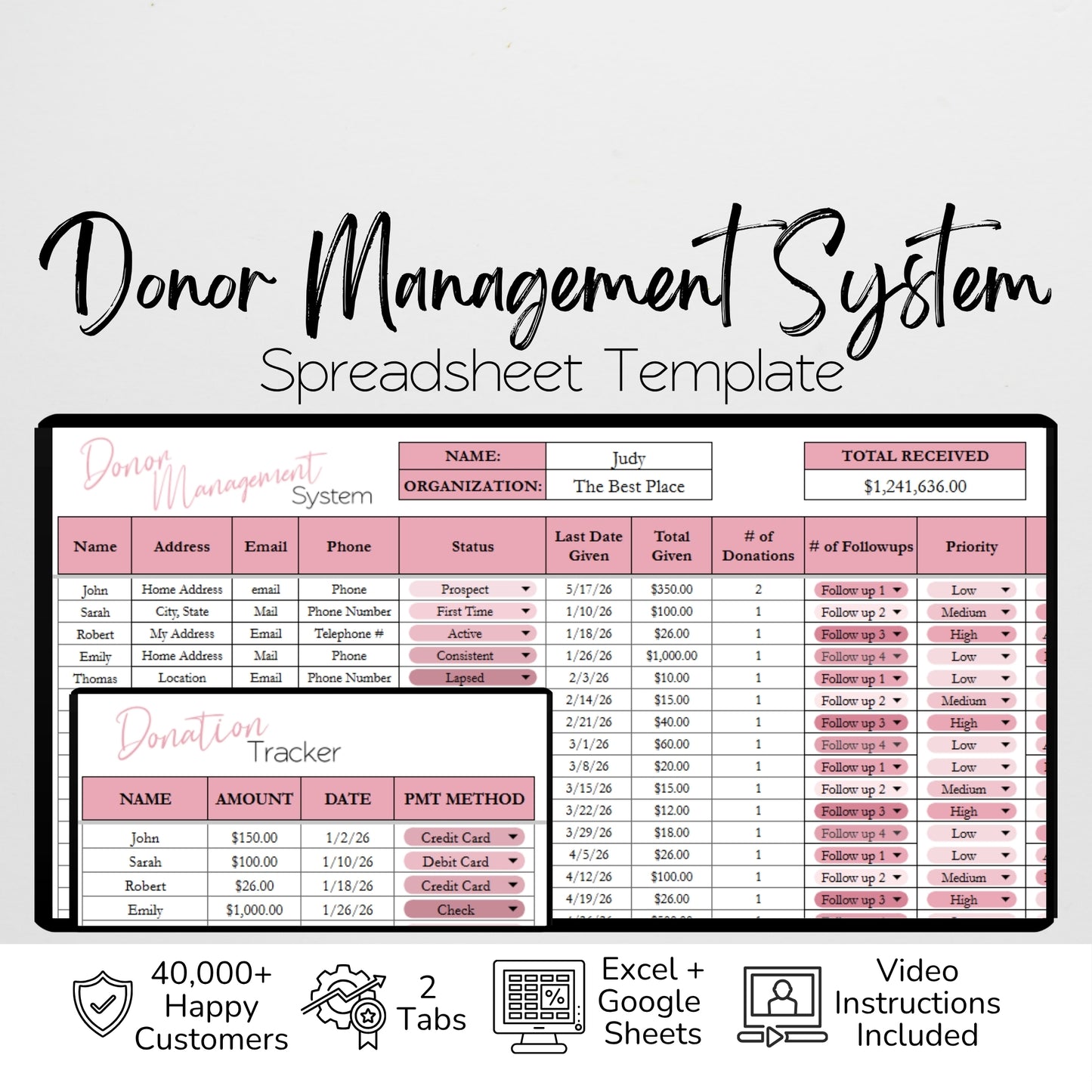 Donor Management Tracker - Stewardship, Engagement CRM & Donation Template for Google Sheets and Excel
