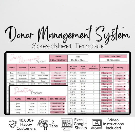 Donor Management Tracker - Stewardship, Engagement CRM & Donation Template for Google Sheets and Excel