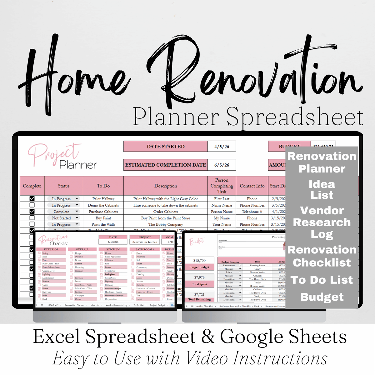 Home Renovation Planner Template Google Sheets and Excel Spreadsheet ...