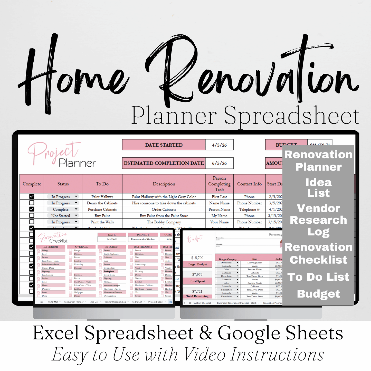 Home Renovation Planner Template Google Sheets and Excel Spreadsheet