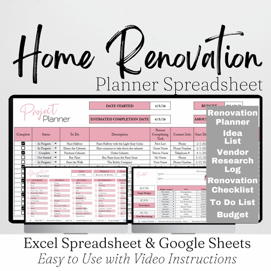 Home Renovation Planner Template Google Sheets and Excel Spreadsheet