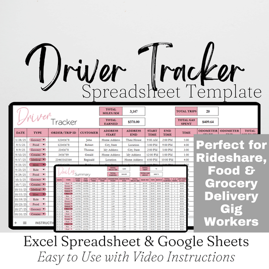 Gig Driver Log Template for Google Sheets and Excel Spreadsheet - Side Hustle Mileage Tracker, Income and Expense Tracker