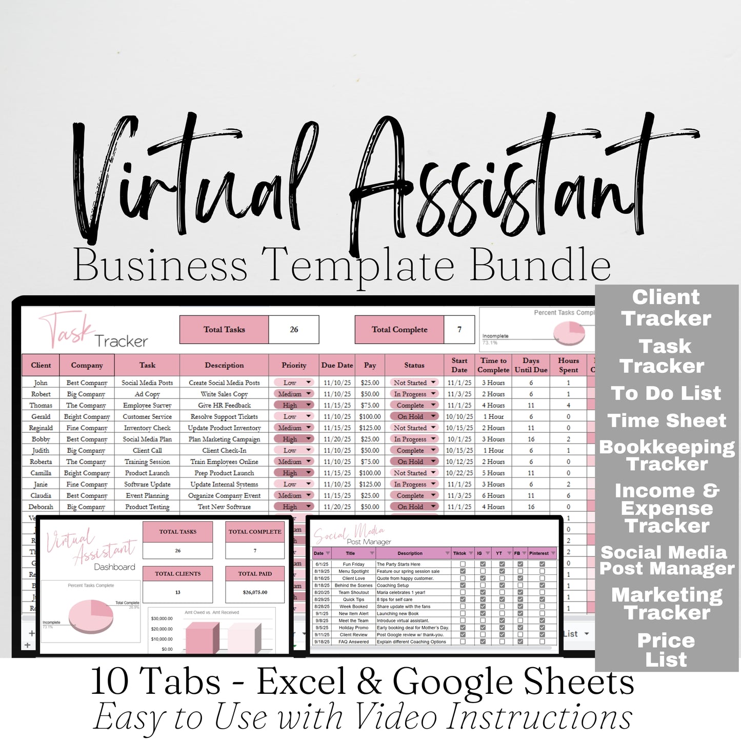 Virtual Assistant Business Planner Template Bundle Google Sheet and Excel Spreadsheet