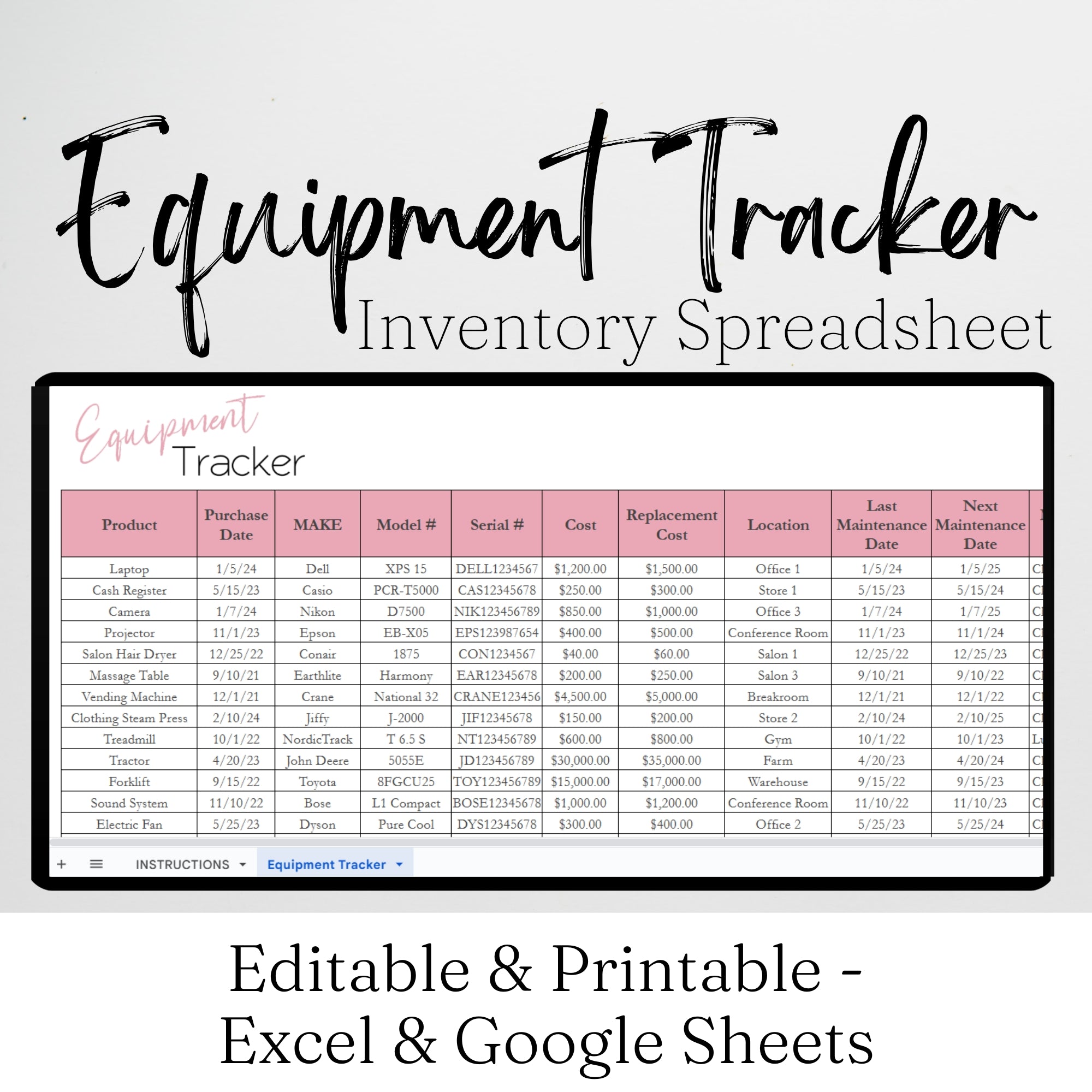 Equipment Tracker Google Sheet, Business or Rental Equipment Inventory ...