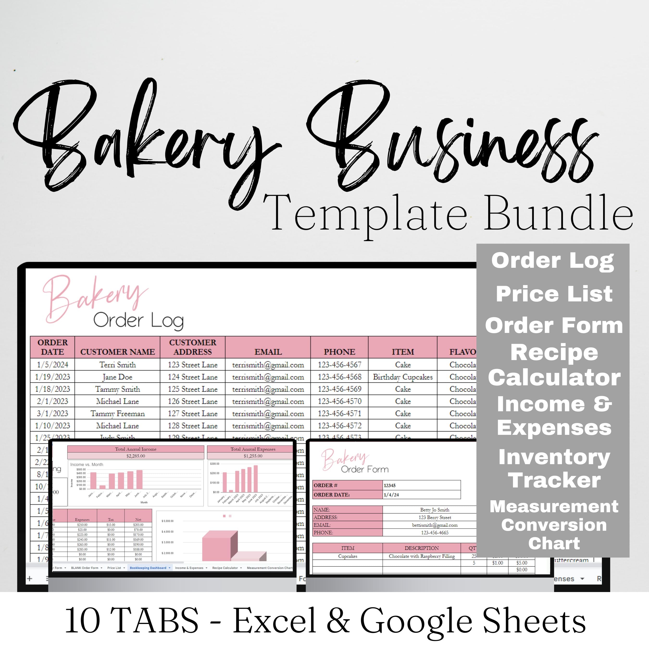 Database Design Table Example Bakery Bakery Business Template Bundle Google Sheet and Excel Spreadsheet ...