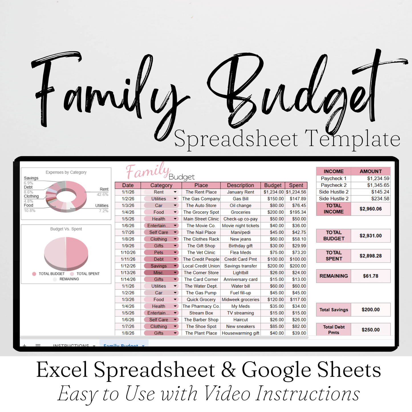 Family Budget Template Google Sheets and Excel Spreadsheet