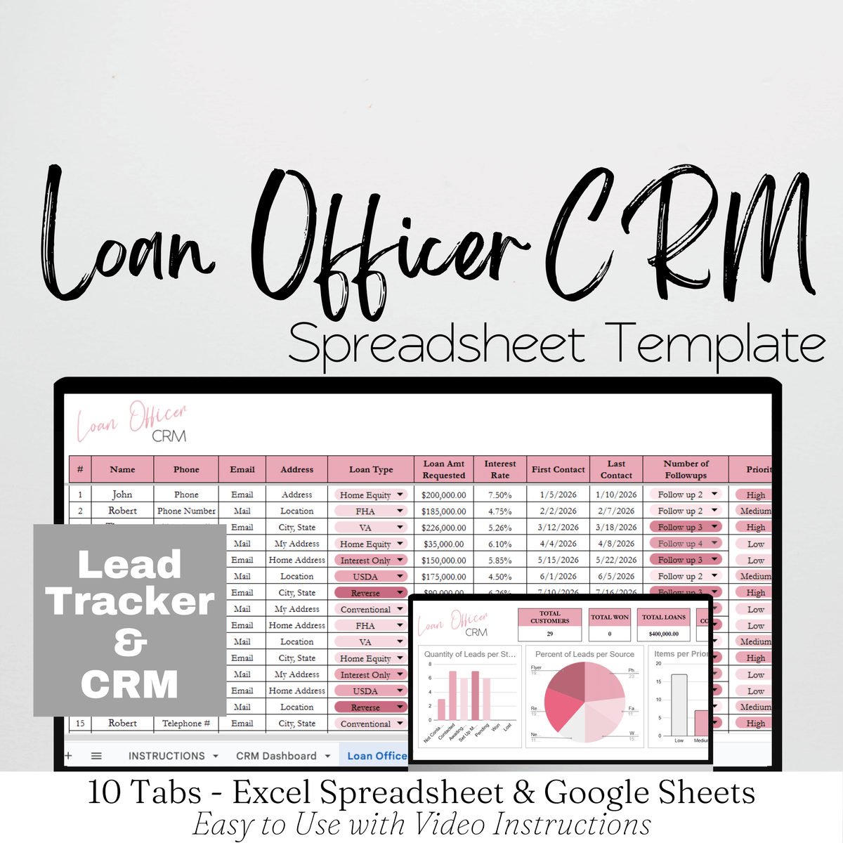 Loan Officer CRM Lead Tracker Template Google Sheets and Excel Spreads ...