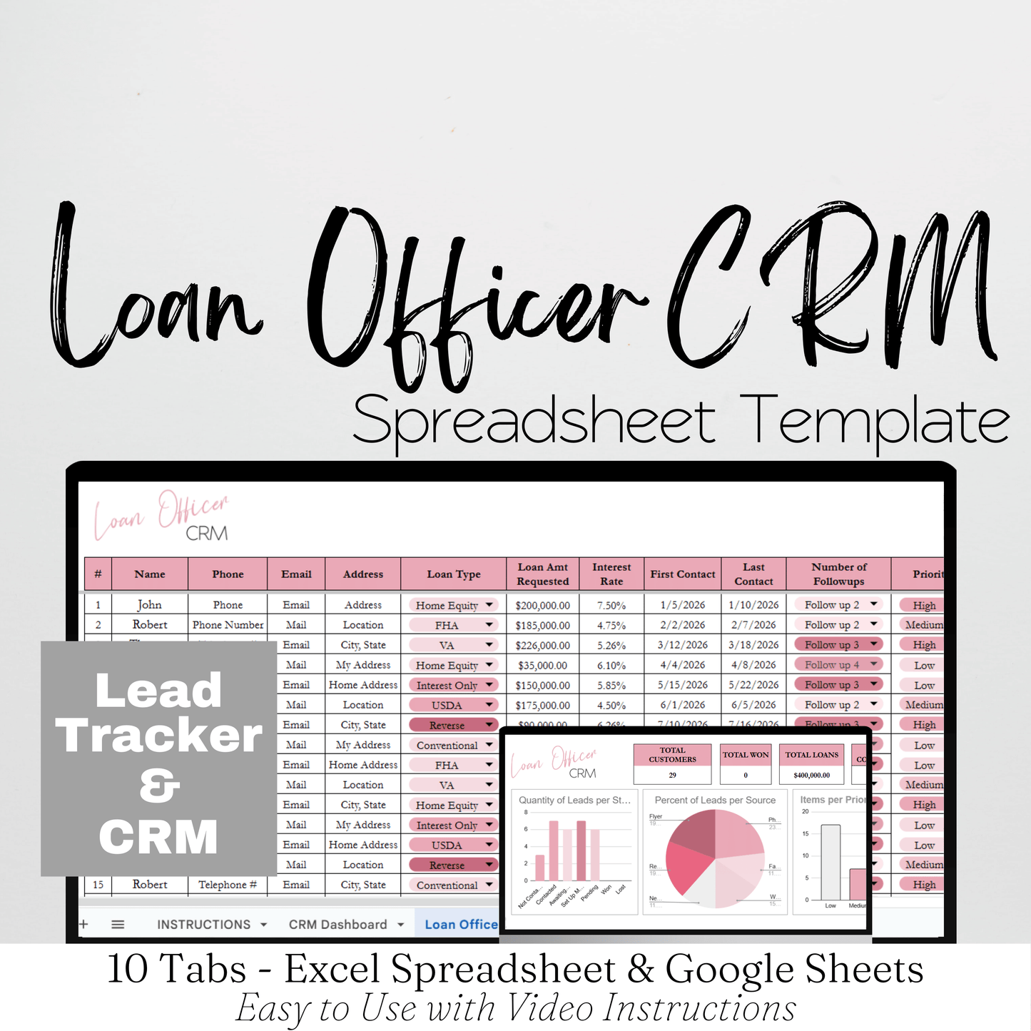 Loan Officer CRM Lead Tracker Template Google Sheets and Excel Spreadsheet