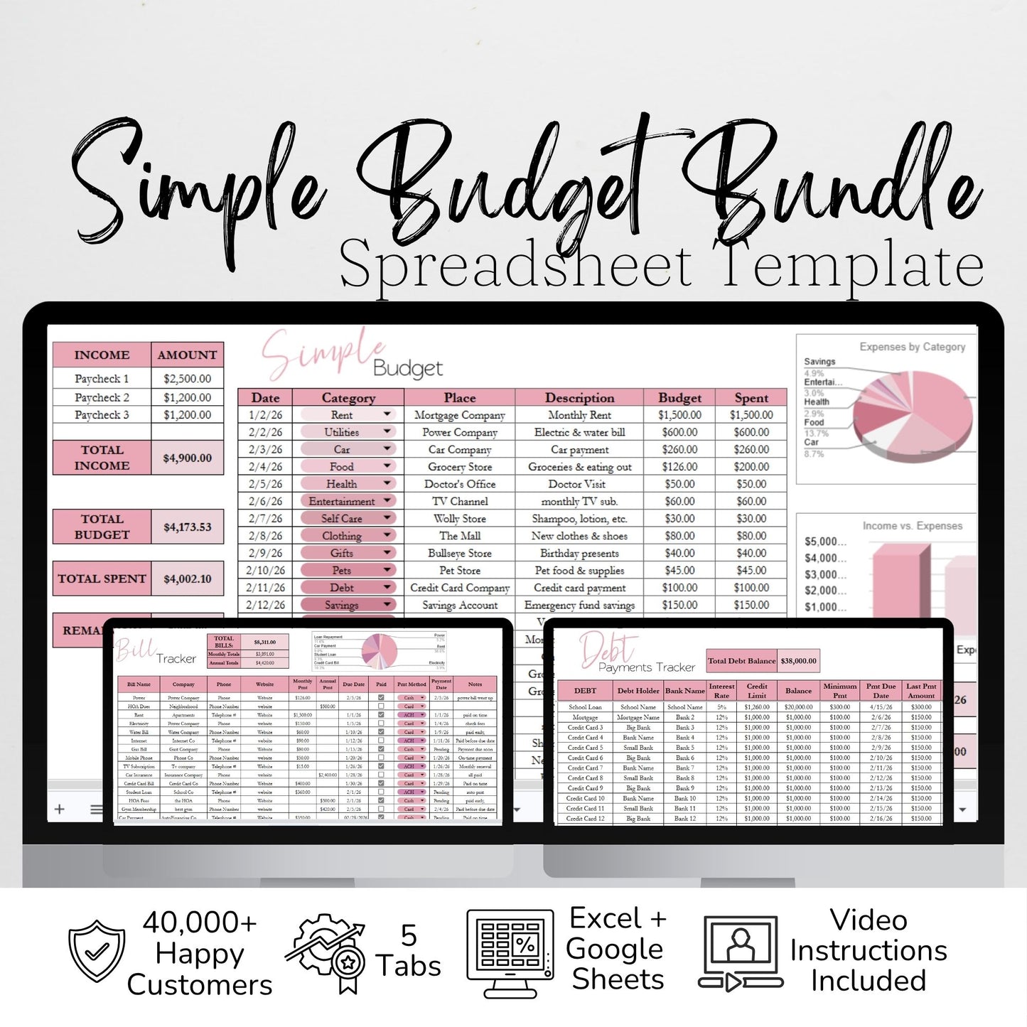 Simple Budget Template Google Sheets and Excel Spreadsheet Bundle with Budgeting Planner, Expense Tracker, Debt Tracker, Savings Tracker
