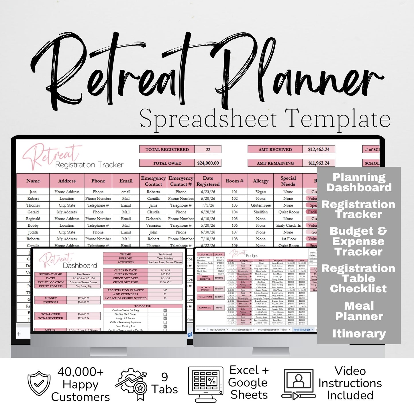 Retreat Planner | Conference, Workshop, Seminar, Convention Planner | Itinerary, Event Budget, Expense Tracker, Meal Planner, Registration Tracker, Attendee List | Google Sheets Excel Template