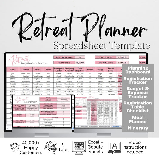 Retreat Planner | Conference, Workshop, Seminar, Convention Planner | Itinerary, Event Budget, Expense Tracker, Meal Planner, Registration Tracker, Attendee List | Google Sheets Excel Template
