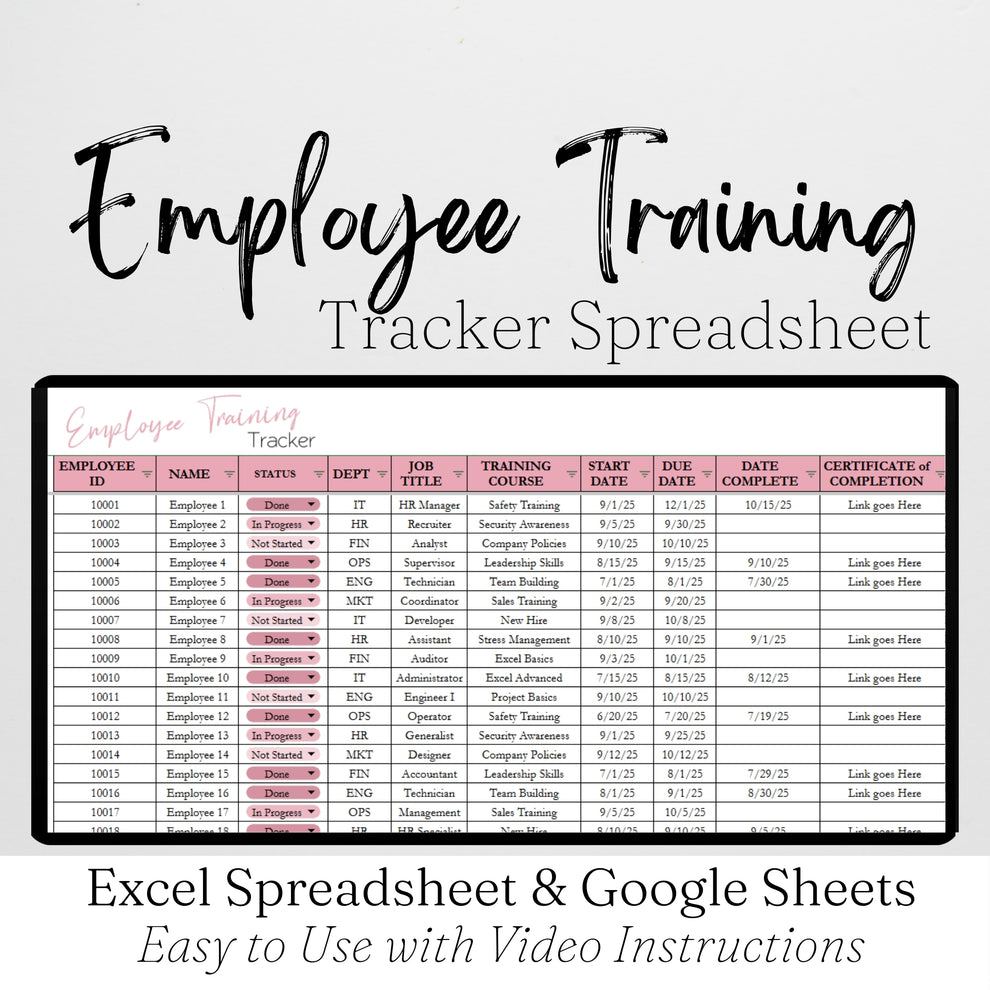 Employee Training Tracker Template for Google Sheets and Excel Spreads ...