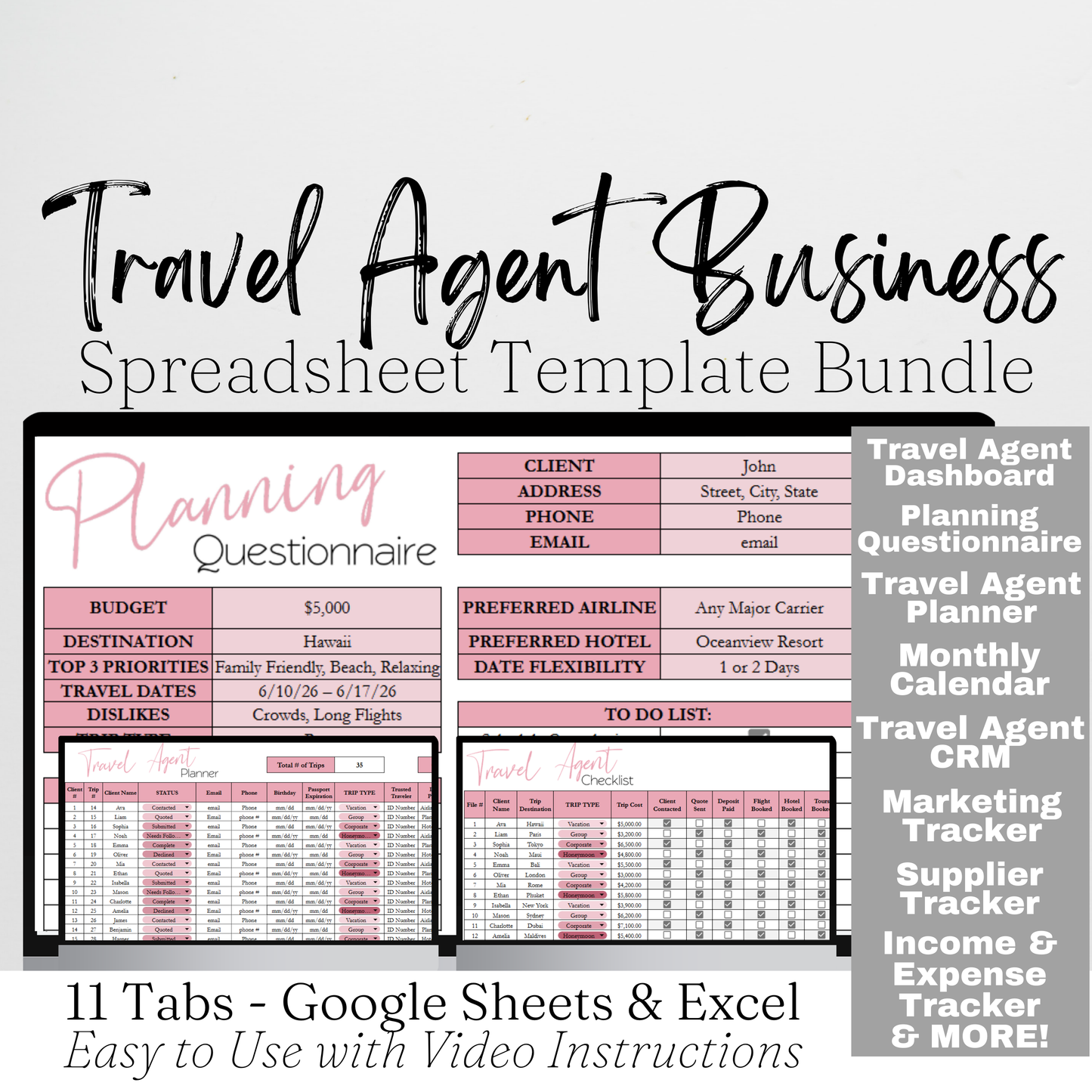 Travel Agent Planner Template Bundle Google Sheet and Excel Spreadsheet