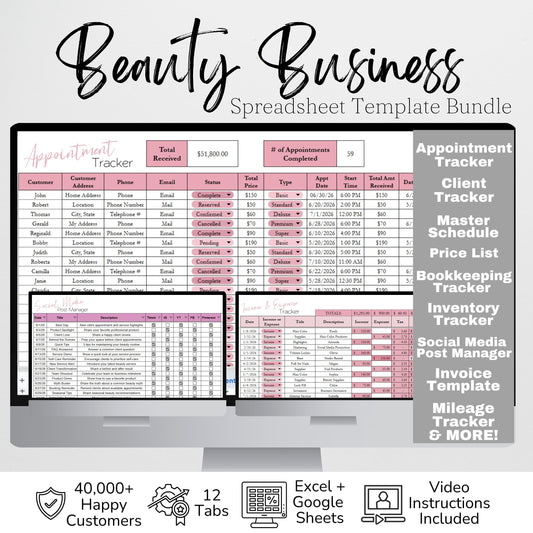 Beauty Business Planner Spreadsheet Google Sheets & Excel | Salon Management Template for Client Tracking, Appointments, Income & Expenses