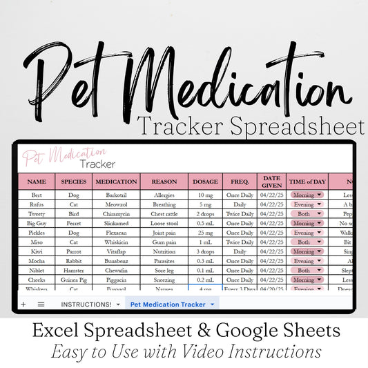 Pet Medication Tracker Template for Google Sheets and Excel Spreadsheet