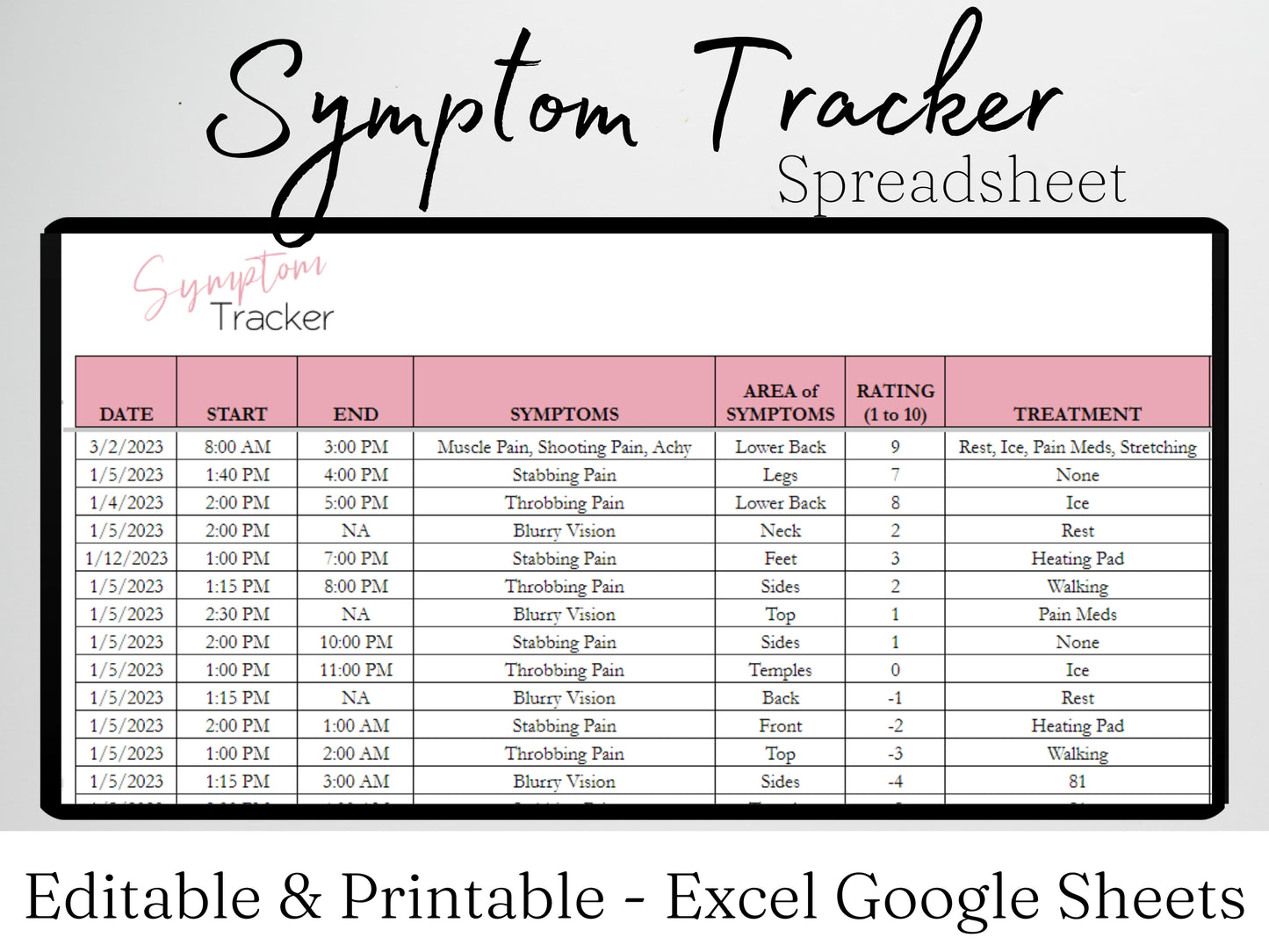 Symptom Tracker Template Google Sheets and Excel Spreadsheet